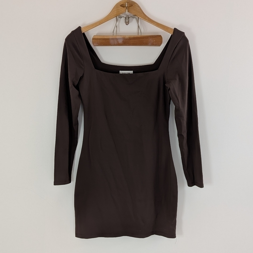 Babaton Dress Womens L Brown Contour Mini Square Neck Long Sleeve Bodycon